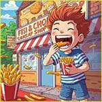 Boy eating chips, ethanoic acid is found in vinegar.
